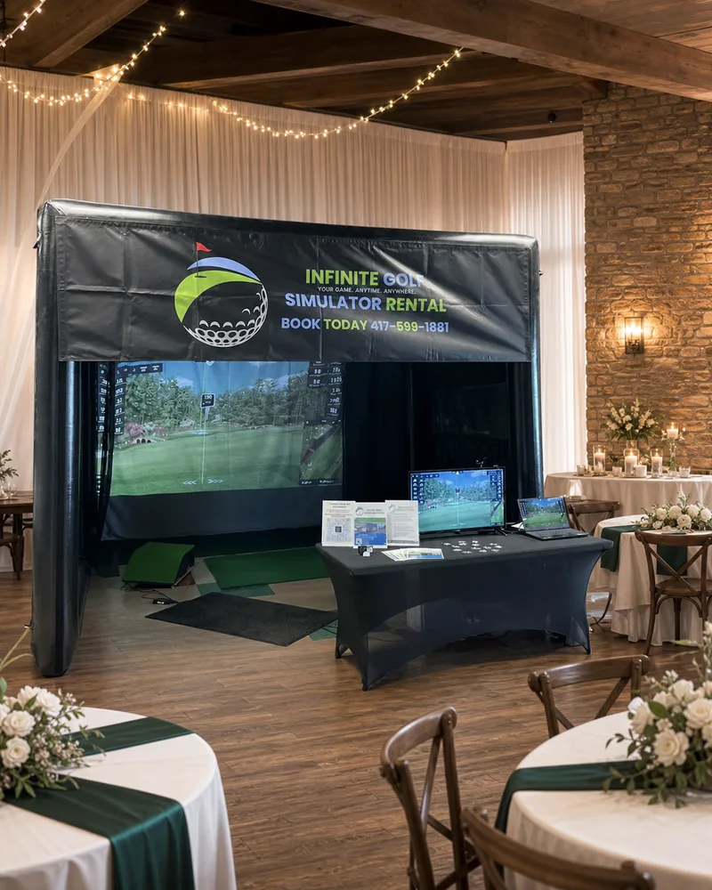 Representative visualization of Infinite Golf equipment in an AI-generated wedding reception setting.