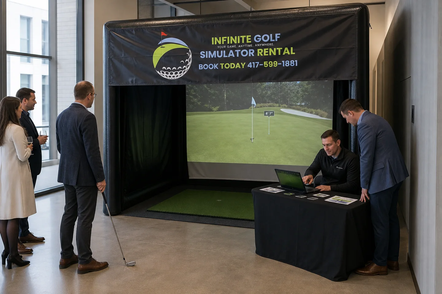 Representative closest-to-the-pin result on the simulator screen as the next participant and operator prepare outside the bay