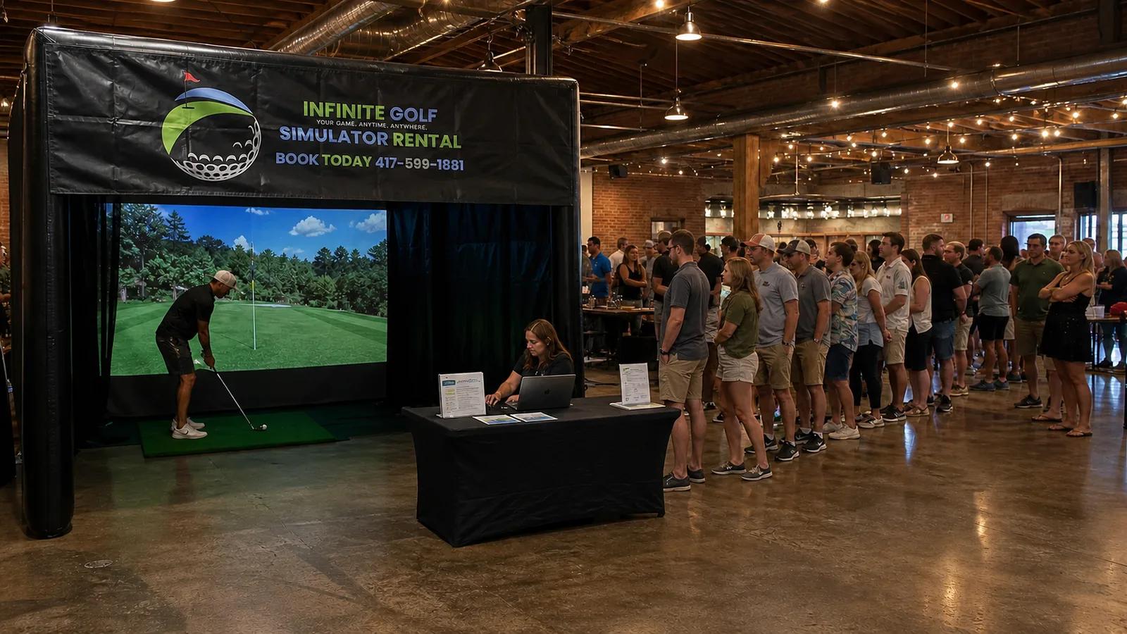 Representative closest-to-the-pin line with one active golfer and every waiting participant outside the Infinite Golf bay