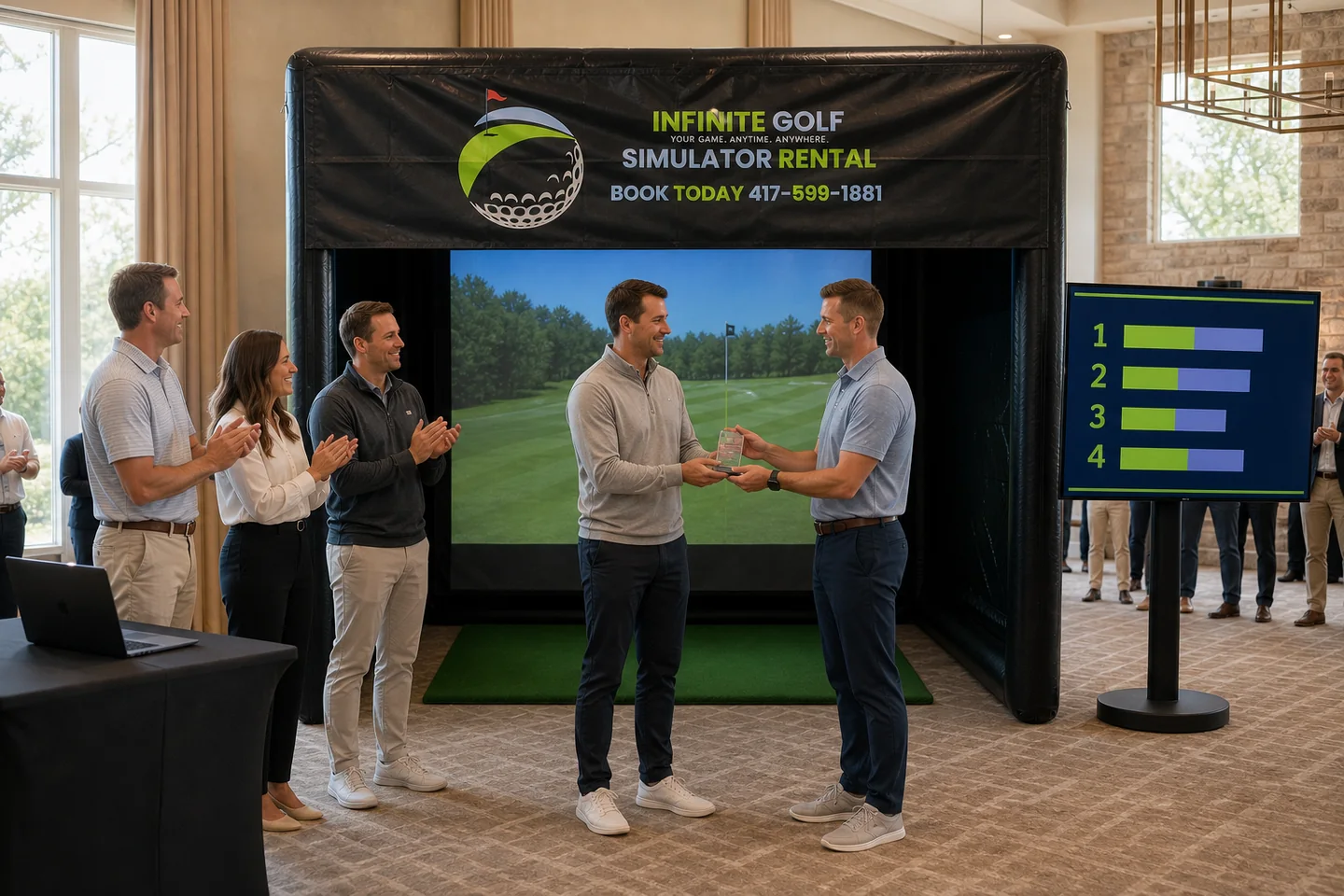 Representative award presentation beside an inactive Infinite Golf bay and one optional results display