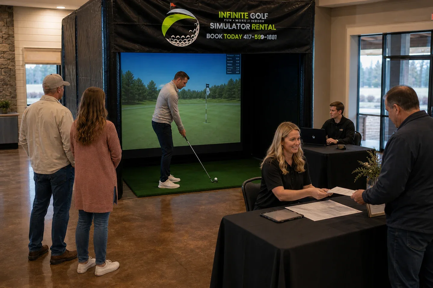 Representative fundraiser entry model with one golfer, waiting guests outside the bay, and a staffed contribution table