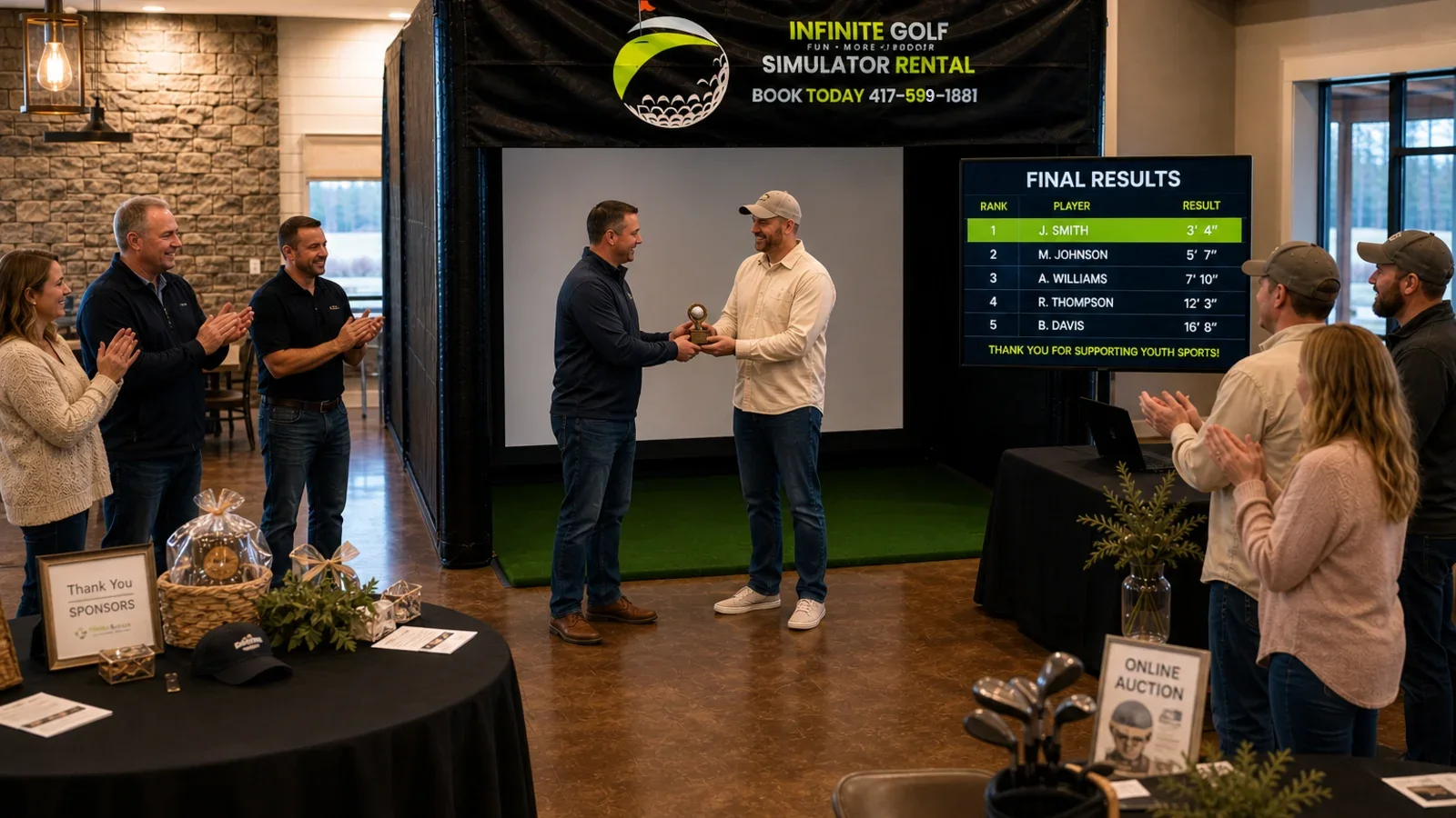 Representative fundraiser finale with an inactive simulator bay, an award moment, and an optional results display