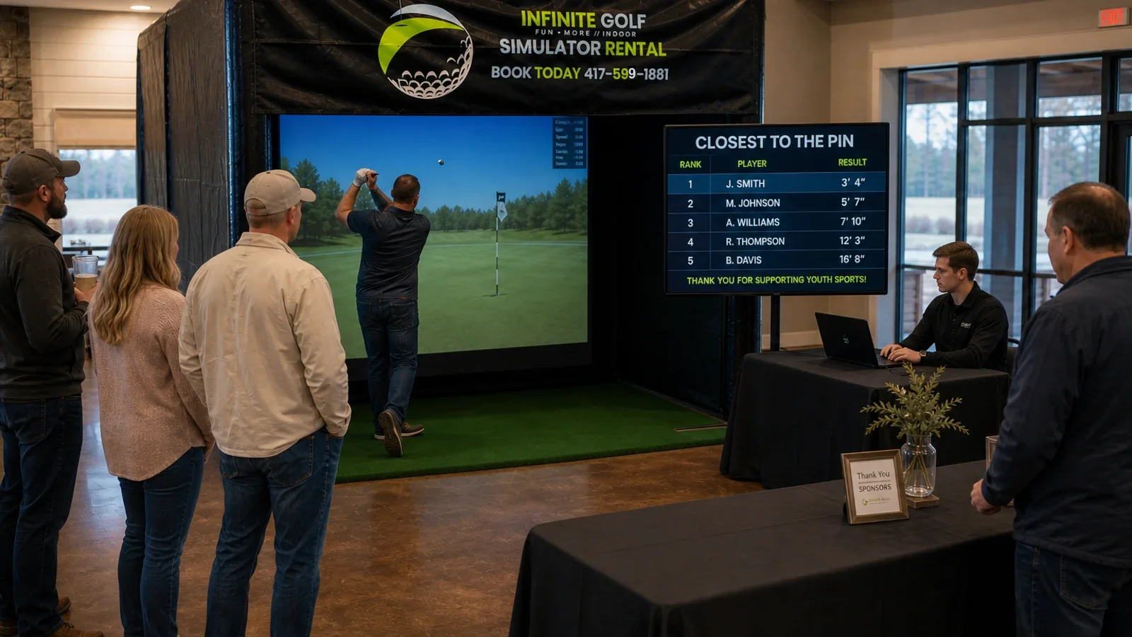 Representative closest-to-the-pin fundraiser format with one golfer, a staffed station, and an optional results display