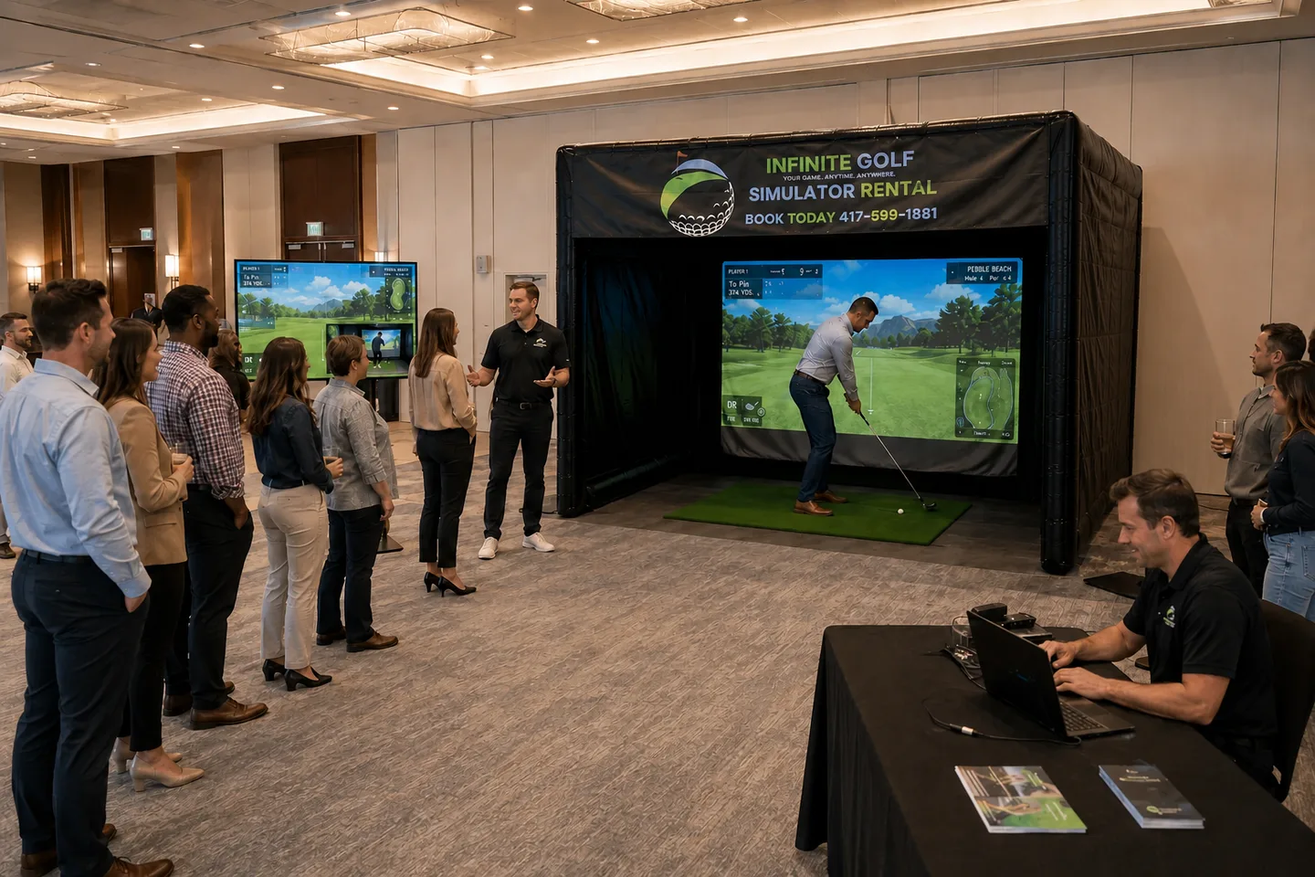 Representative team event with one active golfer and waiting participants staged outside the Infinite Golf bay