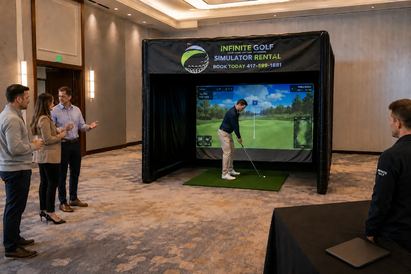 Representative team accuracy challenge with one golfer in the Infinite Golf bay and coworkers watching from outside