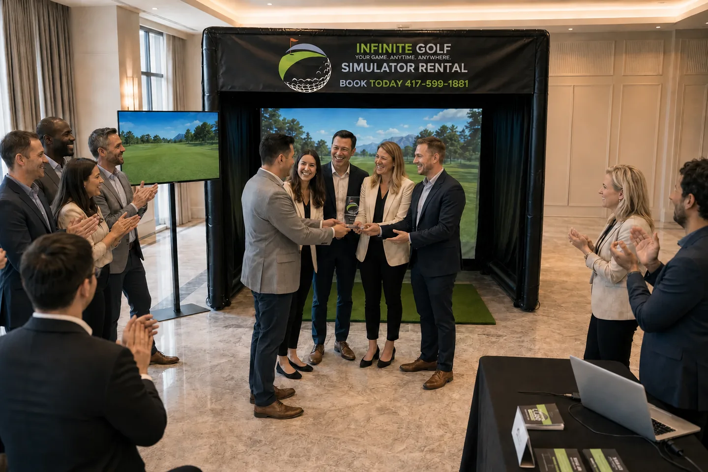 Representative team recognition moment beside an inactive Infinite Golf bay and one optional event display
