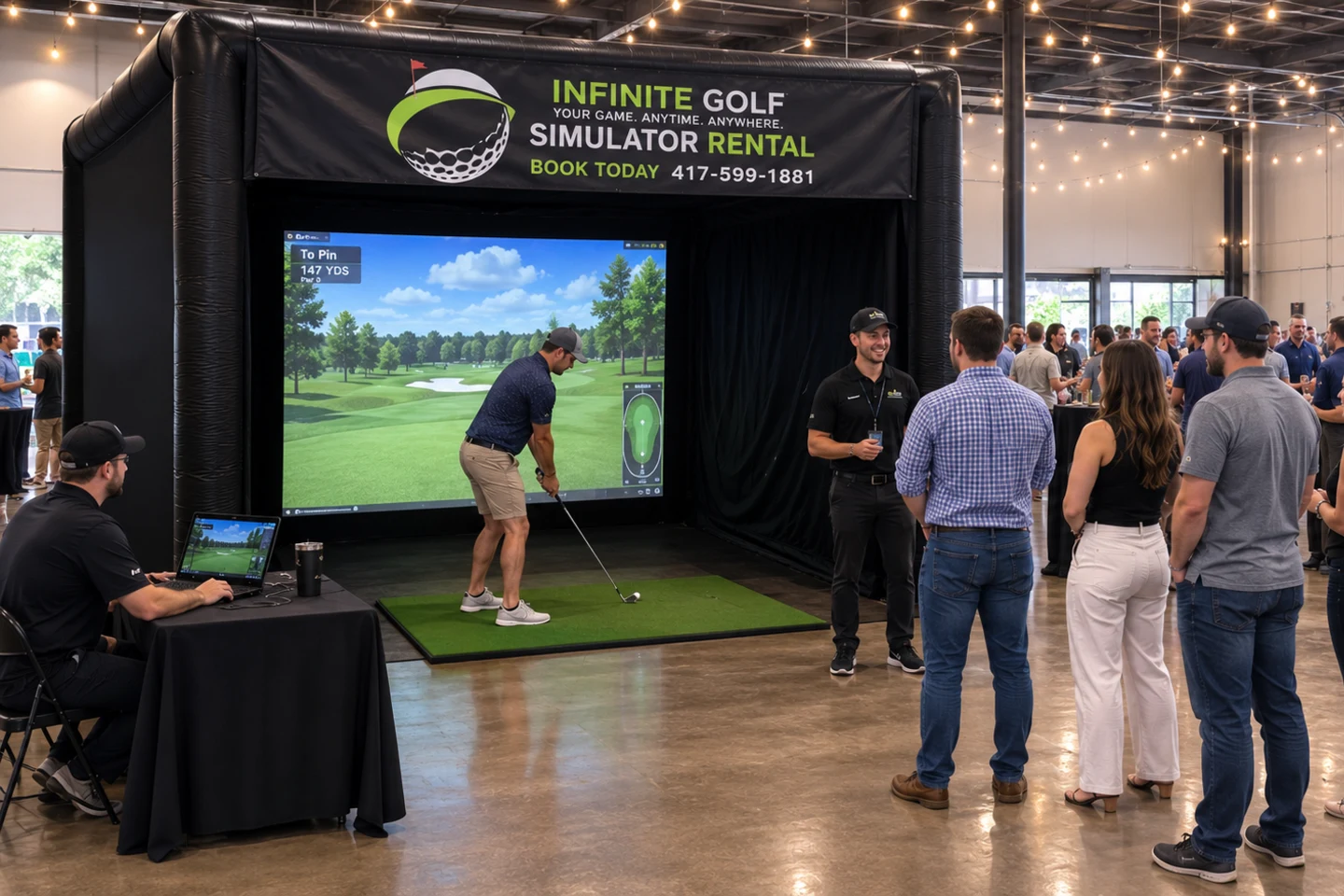Representative event showing one active golfer, a short participant line, and a larger surrounding audience