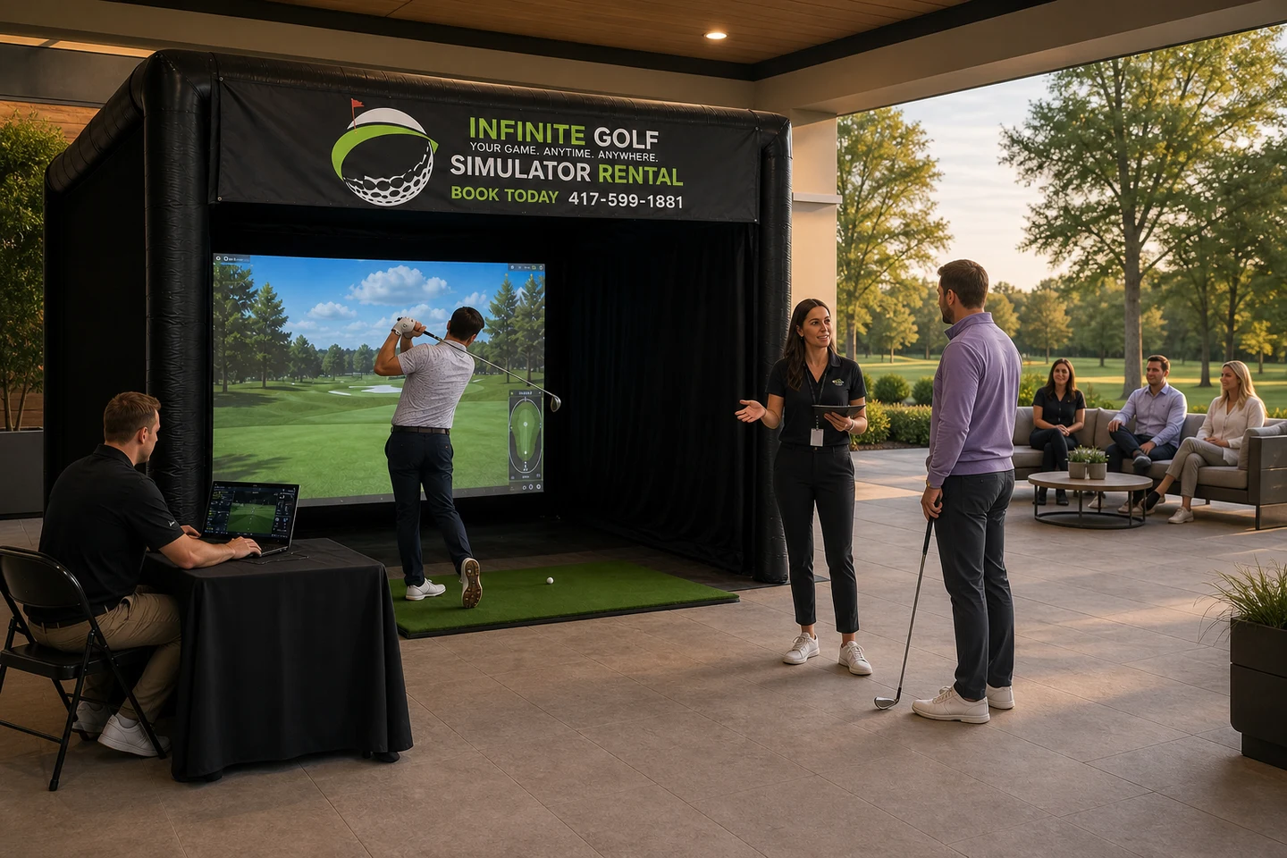 Representative covered event with separate operator, flow host, active golfer, and next participant