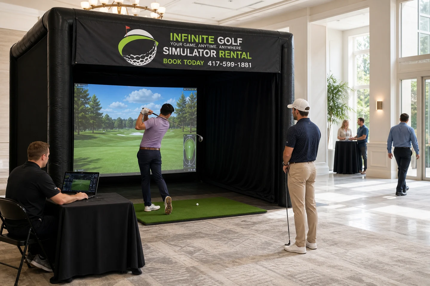 Representative scene with one golfer finishing a turn while the next participant waits outside the bay