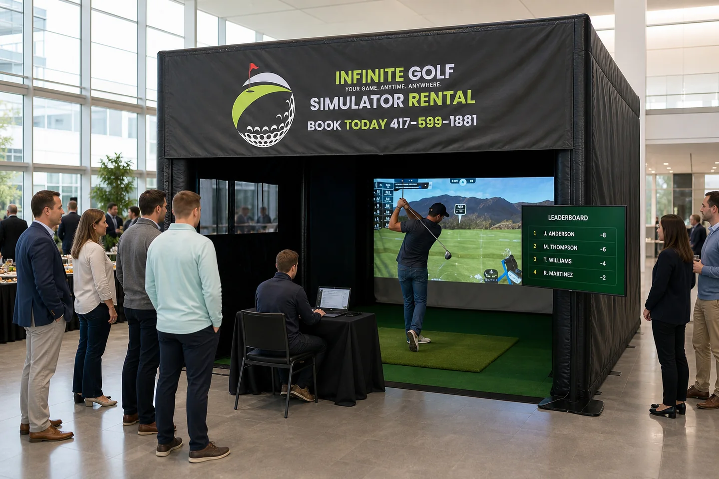 Representative guest queue outside one active Infinite Golf bay with a separate operator and optional event display