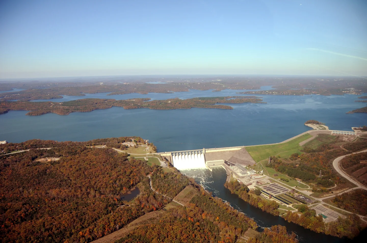 Aerial view of Table Rock Lake, Table Rock Dam and the White River near Branson, Missouri