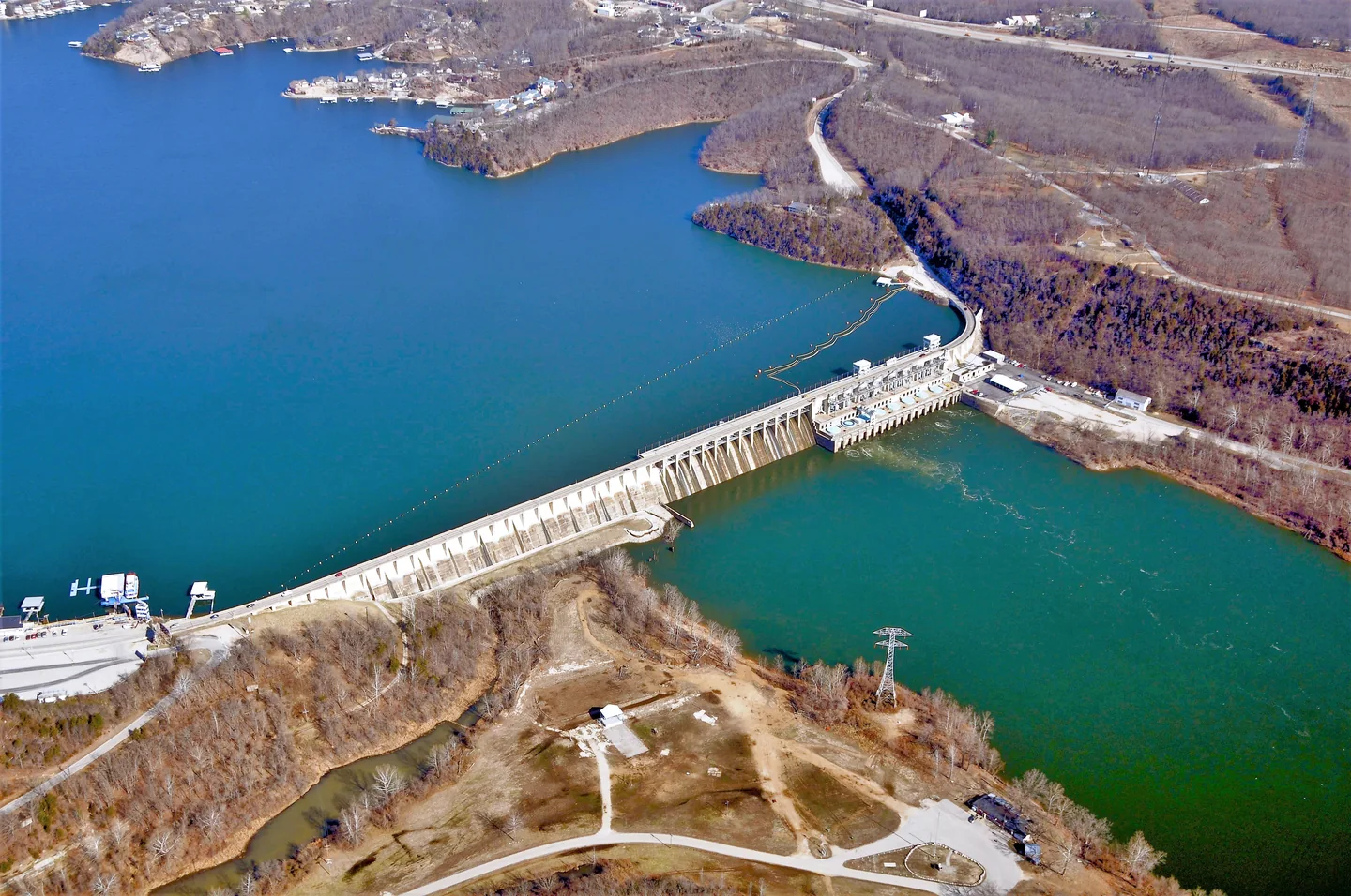 Aerial view of Bagnell Dam between Lake of the Ozarks and the Osage River in Missouri