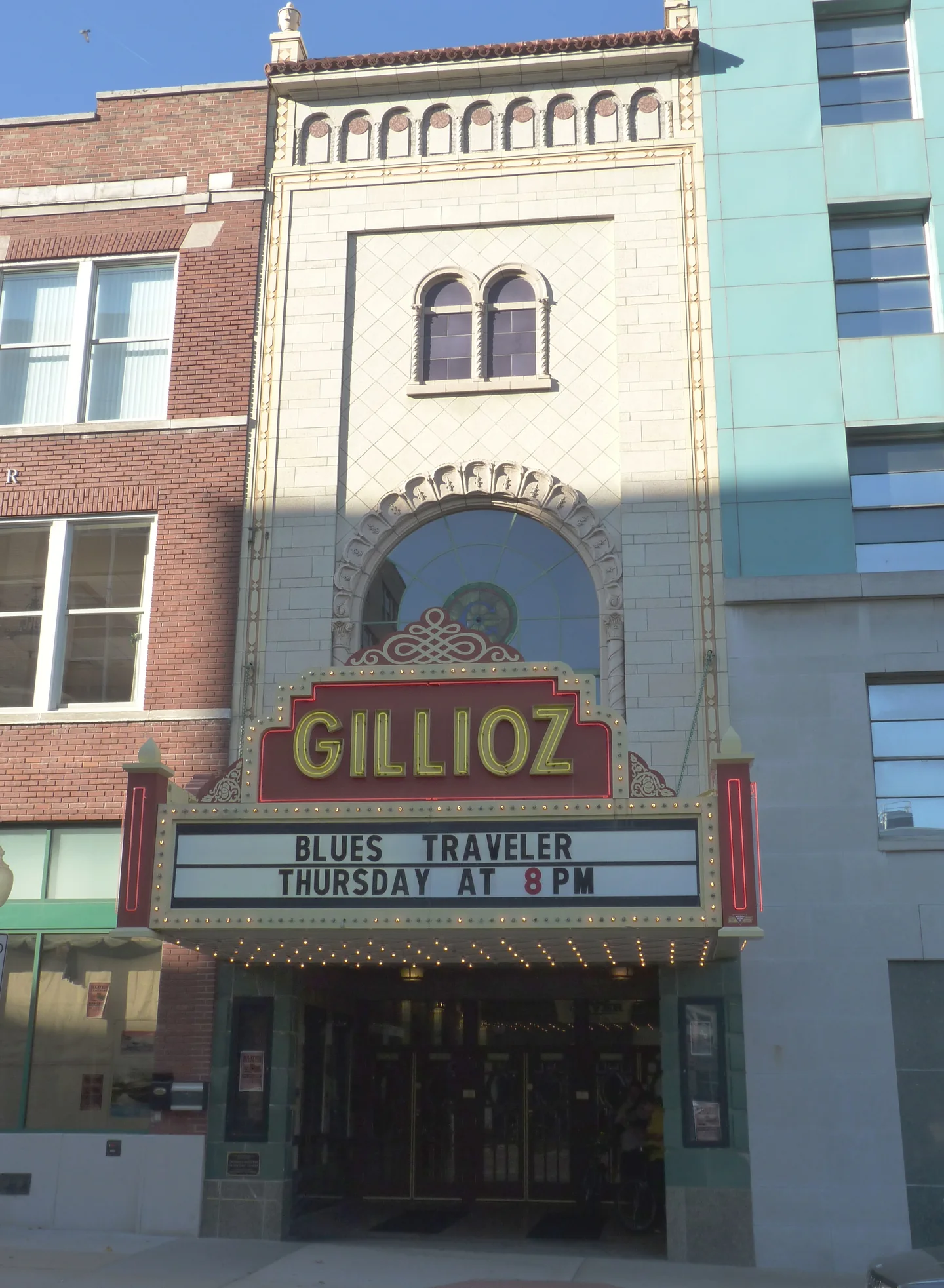 Historic Gillioz Theatre facade and marquee on Route 66 in Springfield, Missouri