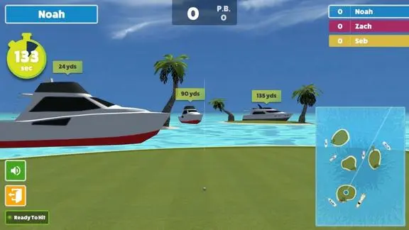 Boat Blast gameplay with boat targets around tropical islands and scoring controls.