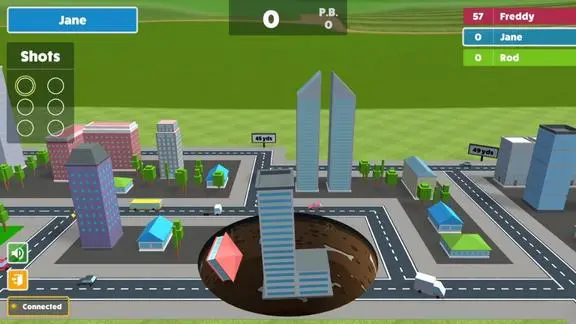 Get in the Hole gameplay showing a city of buildings and golf-shot scoring controls.