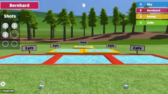 Actual Awesome Golf Super Splash gameplay with colorful swimming-pool targets and scoring information.