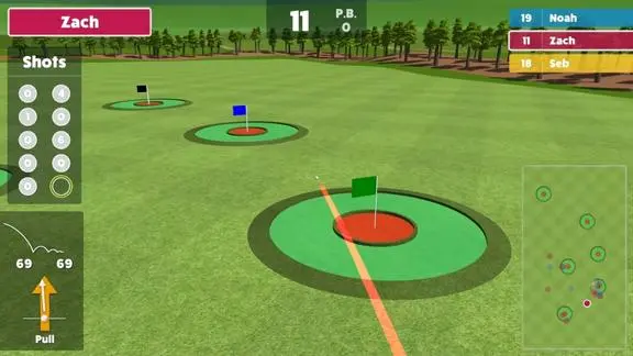 Awesome Golf Target Golf gameplay with colorful range targets, a shot trace and scoreboard.