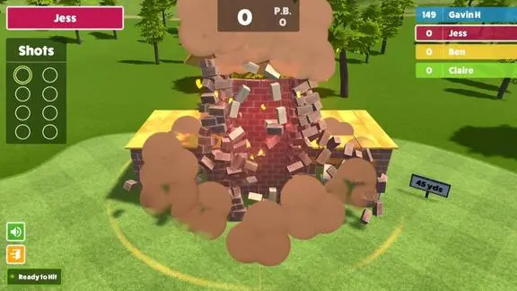 Wrecking Balls gameplay with brick structures to knock down and a player scoreboard.