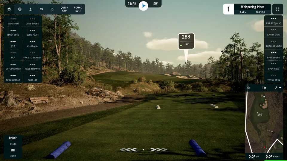 Actual GSPro course gameplay with a tree-lined fairway, shot data, and an overhead hole map.